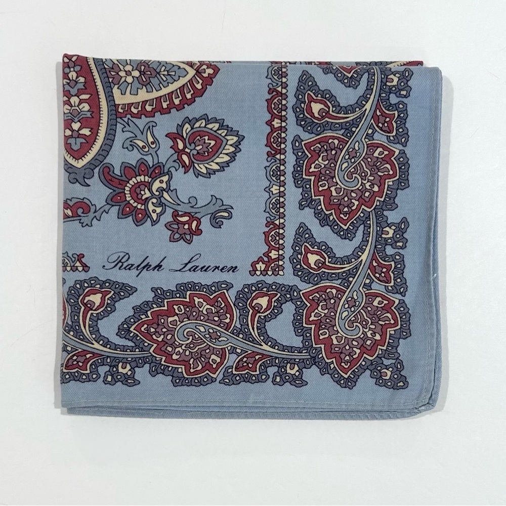 Women Handkerchief Boho Ralph Lauren Paisley Blue Red Cotton Pocket Square 18”